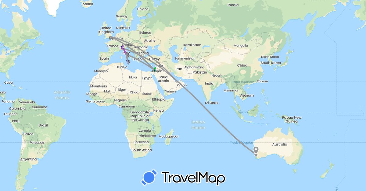 TravelMap itinerary: driving, bus, plane, train, boat in Australia, Switzerland, United Kingdom, Israel, Italy, Malta, Palestinian Territories, Qatar (Asia, Europe, Oceania)