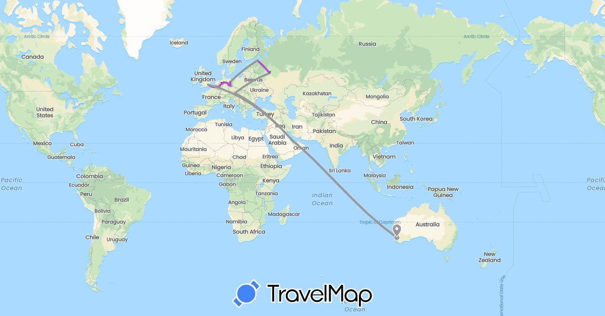 TravelMap itinerary: driving, bus, plane, train in Austria, Australia, Germany, United Kingdom, Qatar, Russia (Asia, Europe, Oceania)